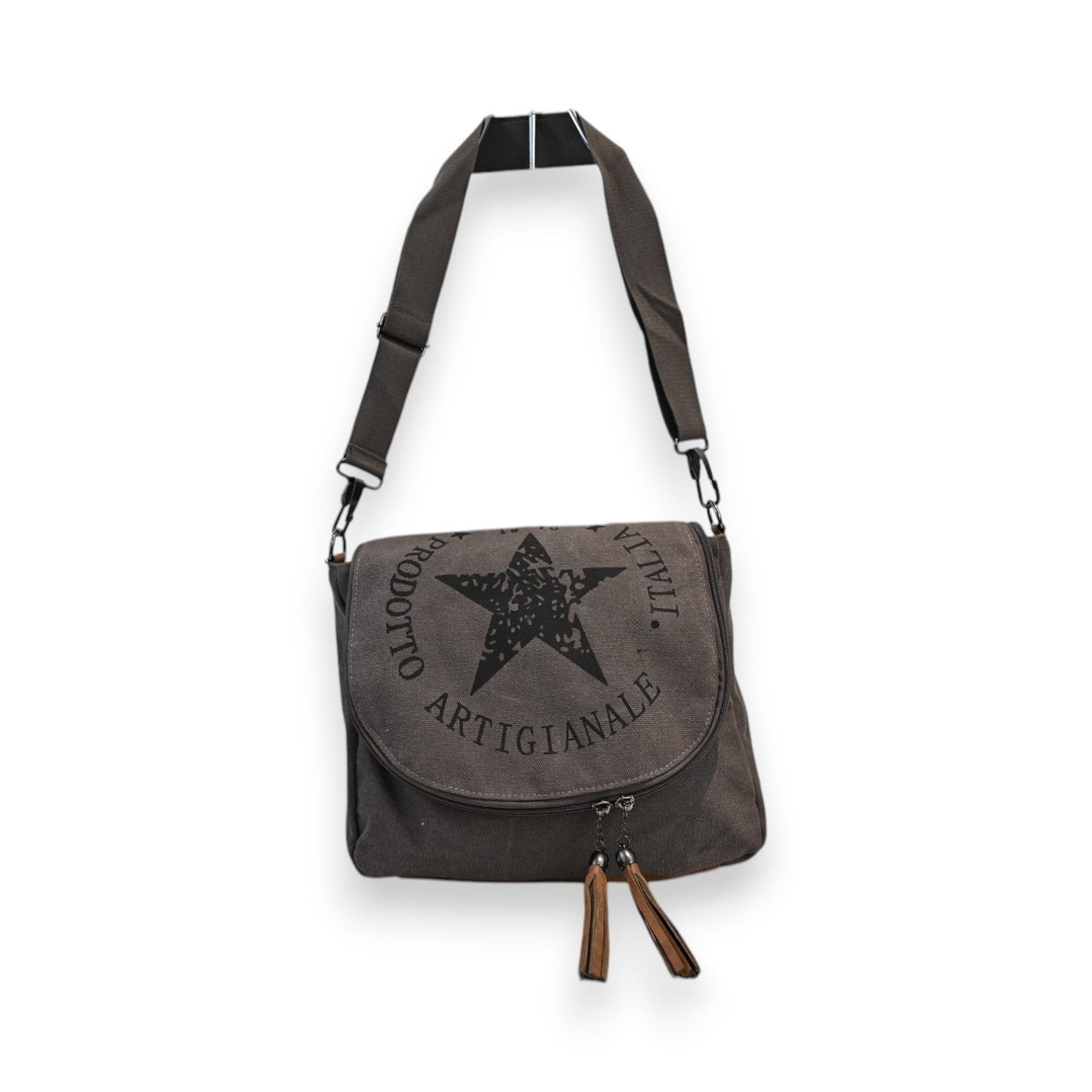 Graue Canvas Umhängetasche mit schwarzem Stern und 'Artigianale' Aufschrift, verstellbarer Schultergurt, Reißverschluss