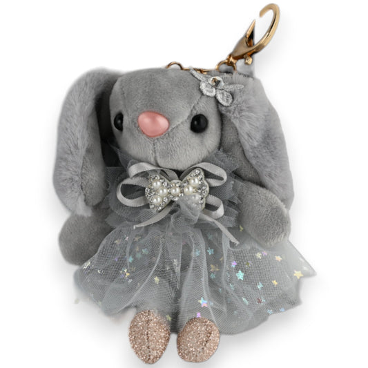 Grauer Plüschhase mit Tutu-Kleid, Perlenschleife und glitzernden Füßen als Schlüsselanhänger, niedliches Accessoire