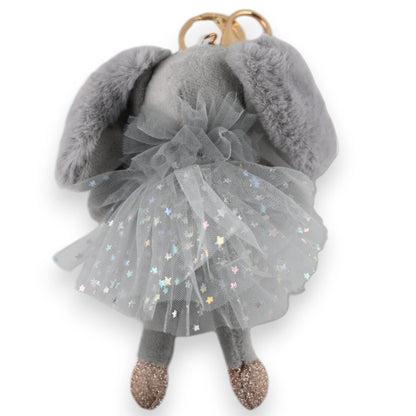 Grauer Hasen-Schlüsselanhänger mit glitzerndem Tüllrock, funkelnden Sternen und goldenen Ohren, niedliches Accessoire