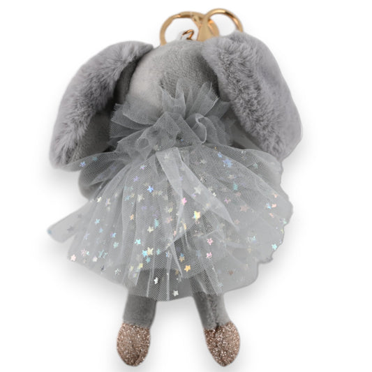 Grauer Hasen-Schlüsselanhänger mit glitzerndem Tüllrock, funkelnden Sternen und goldenen Ohren, niedliches Accessoire