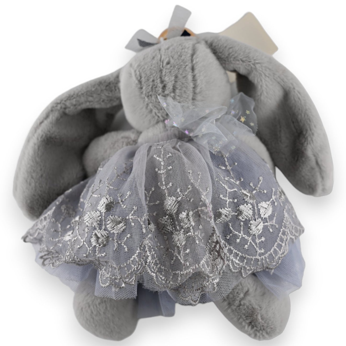 Grauer Plüsch-Hase mit silber besticktem Tüllkleid als Schlüsselanhänger, elegantes Stofftier-Accessoire