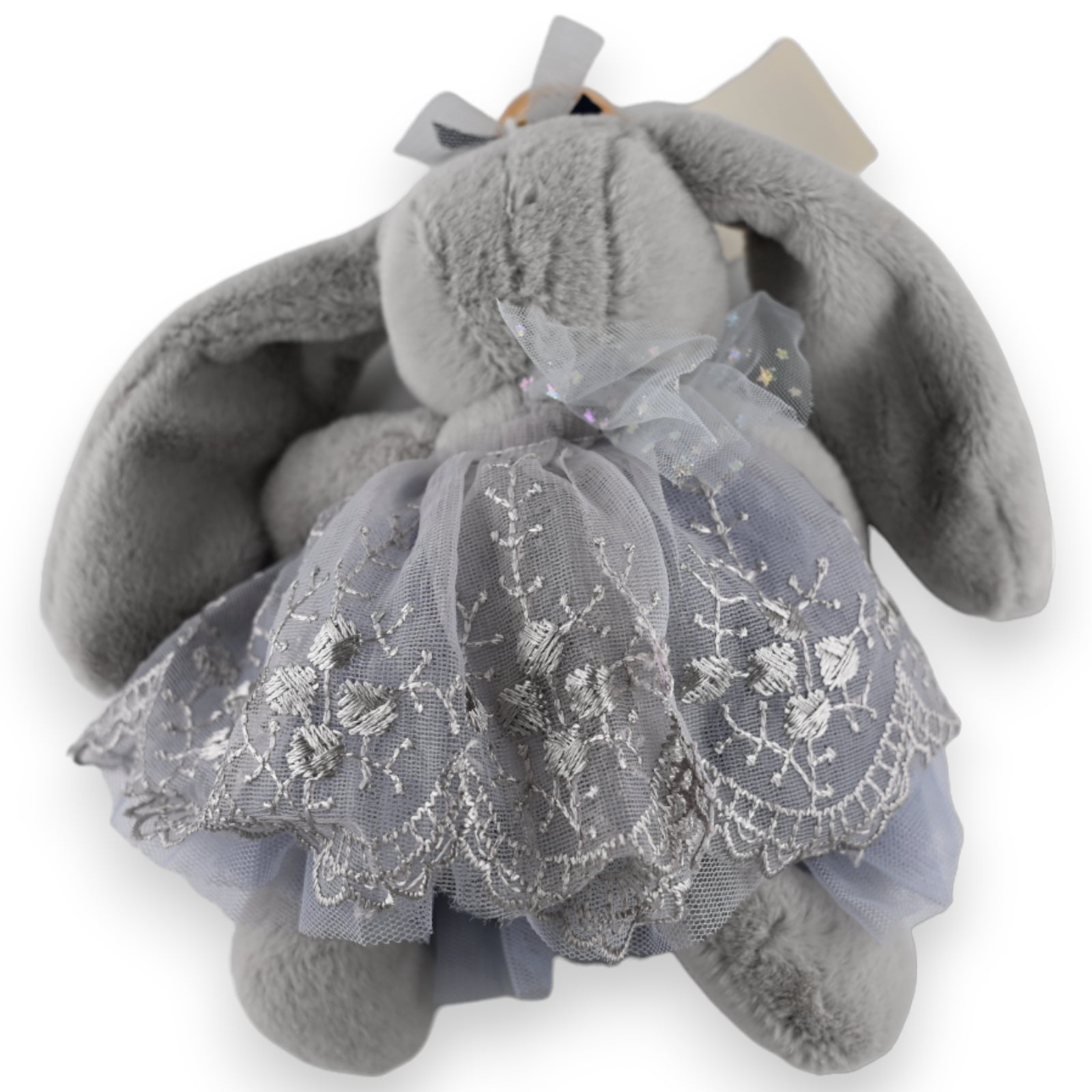 Grauer Plüsch-Hase mit silber besticktem Tüllkleid als Schlüsselanhänger, elegantes Stofftier-Accessoire