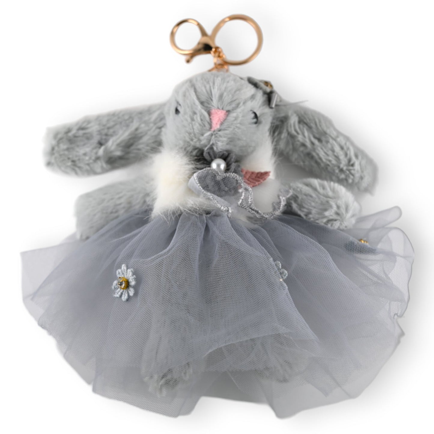 Grauer Plüschhase als Schlüsselanhänger mit Tüllrock und Blumenverzierung, niedliches Accessoire im Shabby-Chic-Stil