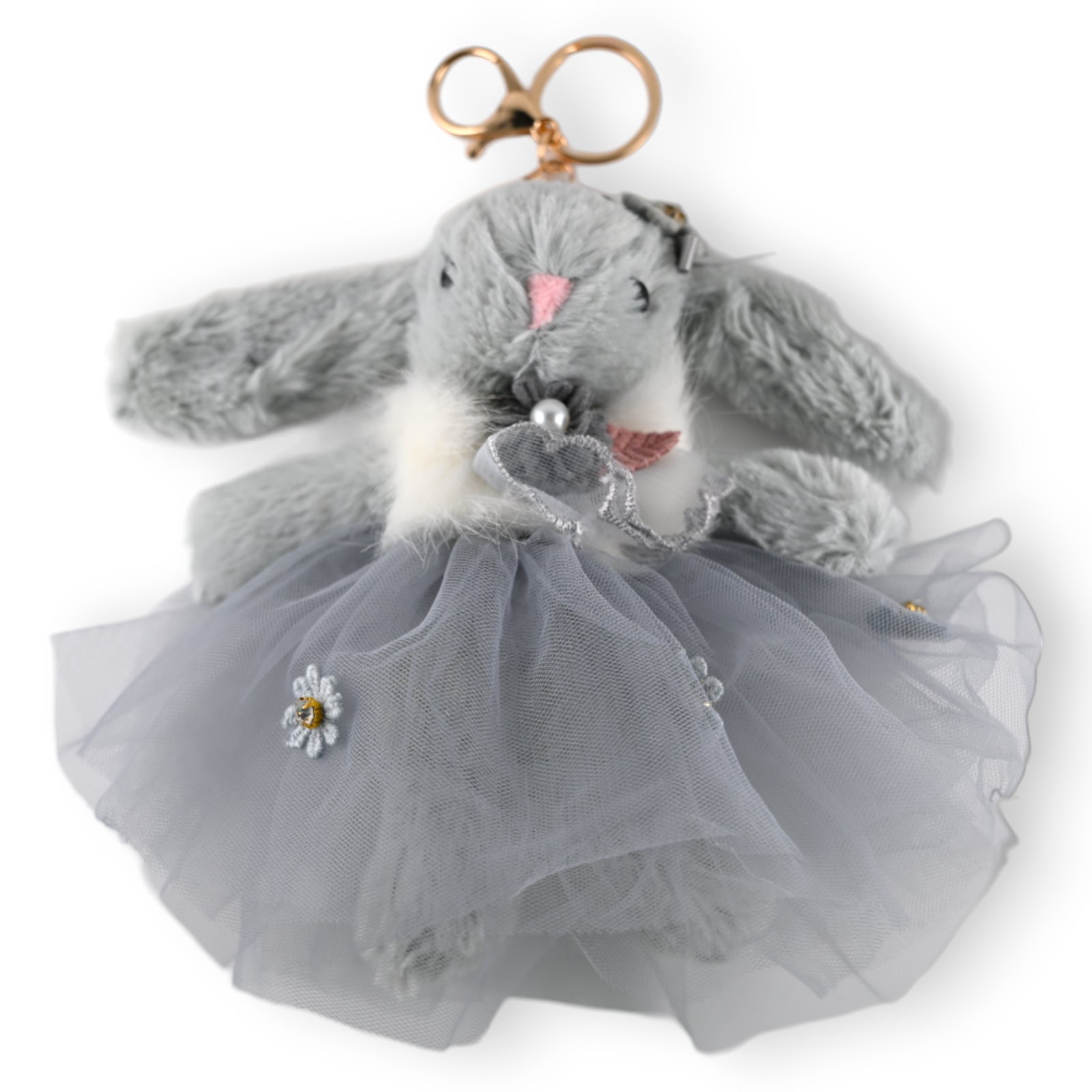 Grauer Plüschhase als Schlüsselanhänger mit Tüllrock und Blumenverzierung, niedliches Accessoire im Shabby-Chic-Stil