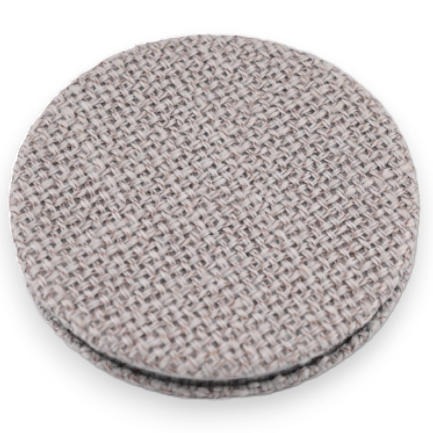 Runder Taschenspiegel mit grauem Textilbezug in Leinenoptik, kompaktes Design für die Handtasche