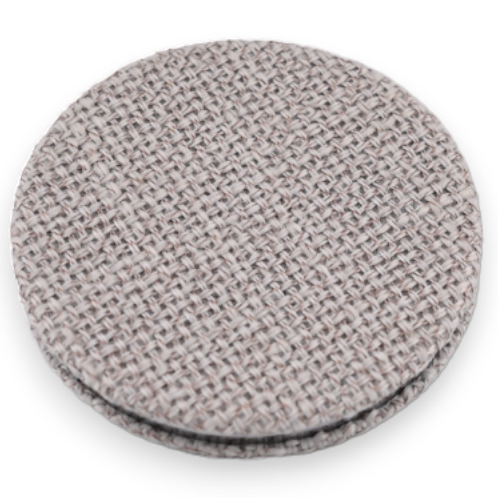 Runder Taschenspiegel mit grauem Textilbezug in Leinenoptik, kompaktes Design für die Handtasche