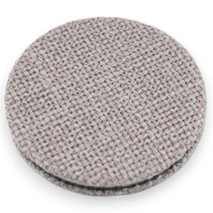 Runder Taschenspiegel mit grauem Textilbezug in Leinenoptik, kompaktes Design für die Handtasche