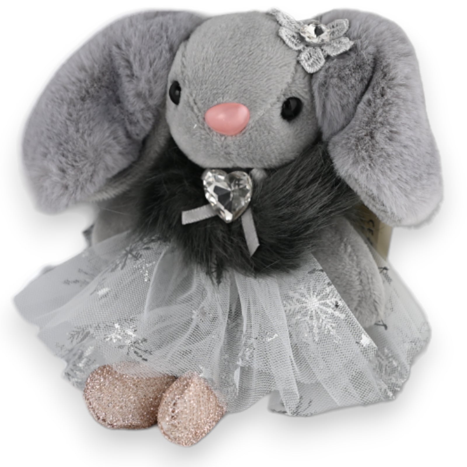 Plüsch-Häschen mit grauem Fell, rosa Nase, Tutu-Rock, Glitzer-Pfoten und Herz-Anhänger als niedlicher Schlüsselanhänger