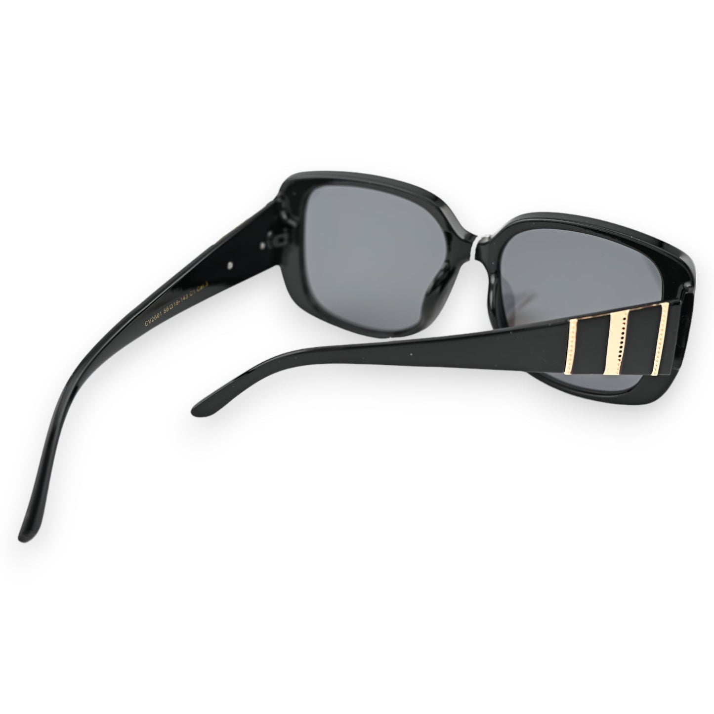 Elegante schwarze Sonnenbrille mit großen Gläsern und goldfarbenen Akzenten an den Bügeln, seitliche Ansicht