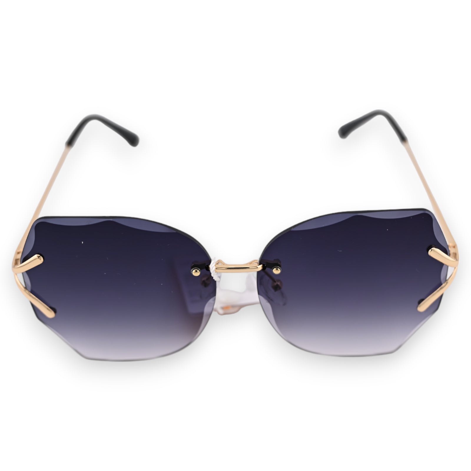 Elegante Sonnenbrille mit großen schwarzen getönten Gläsern, goldenem Rahmen und geschwungenen Bügeln