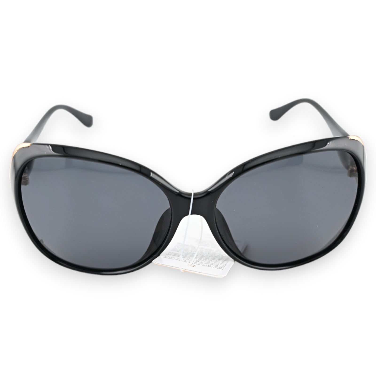 Große schwarze Sonnenbrille mit goldenen Akzenten, ovale Form, dunkle Gläser, elegantes Design für Damen