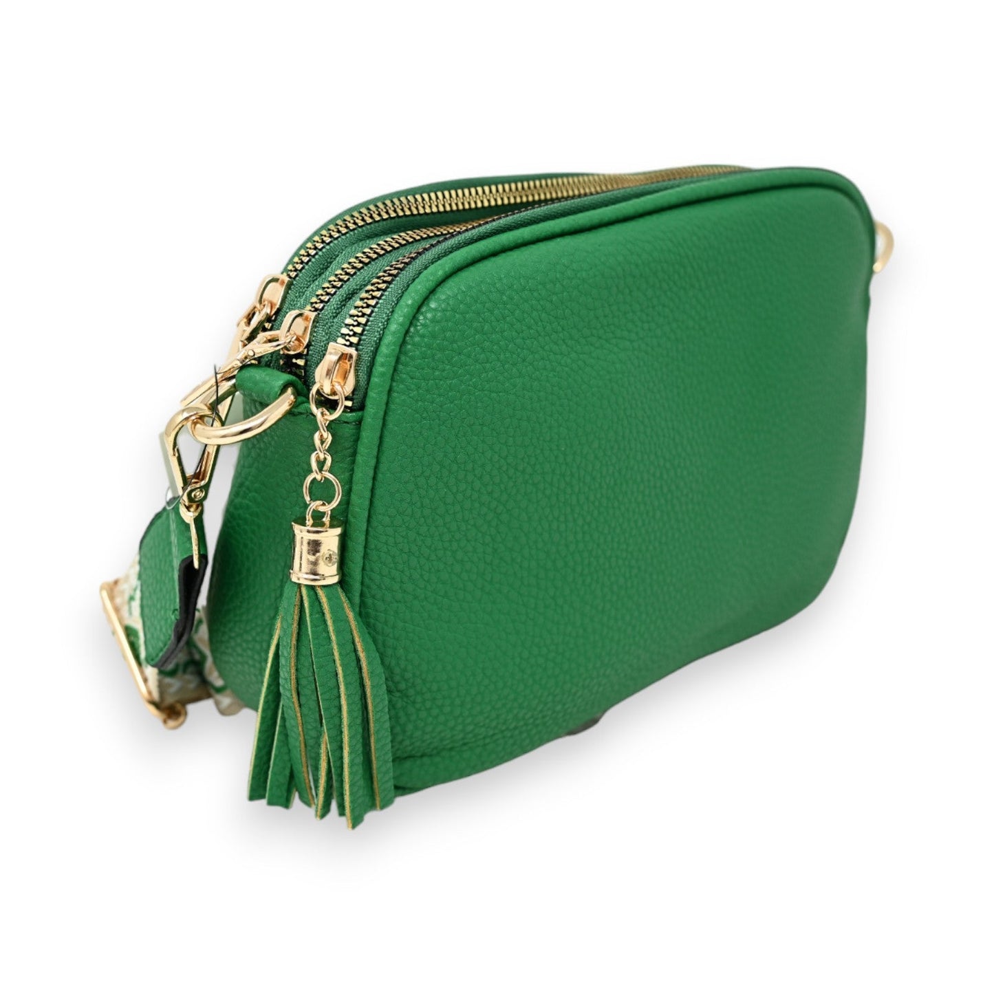 Grüne rechteckige Umhängetasche aus Leder mit Reißverschlüssen, Goldakzenten und Quastenanhänger