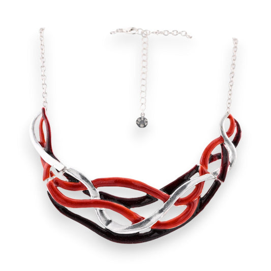 Halskette mit geschwungenen Elementen in Rot, Schwarz und Silber, mit Kette und kleinem Anhänger, modernes Design