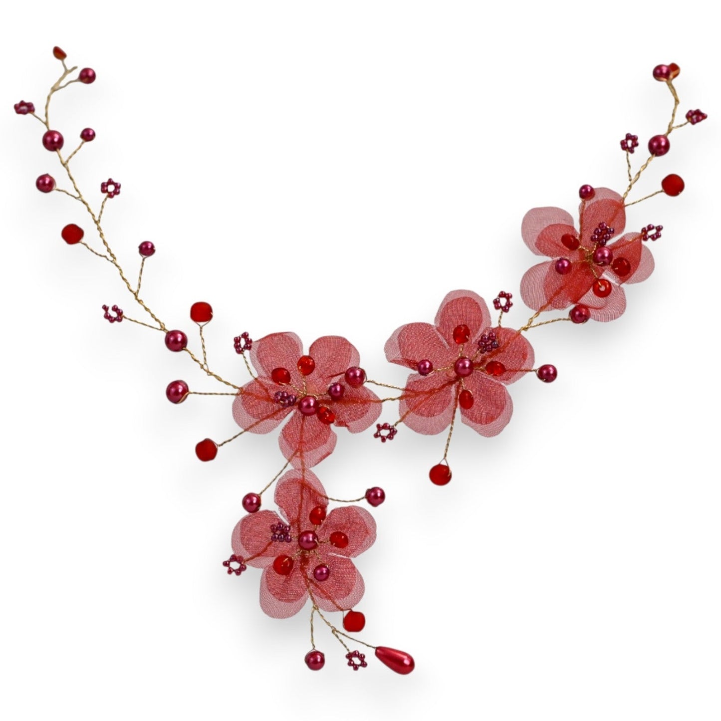 Halskette Floraline - Blumenschmuck in Kirschrot aus vergoldetem Metall und Stoff