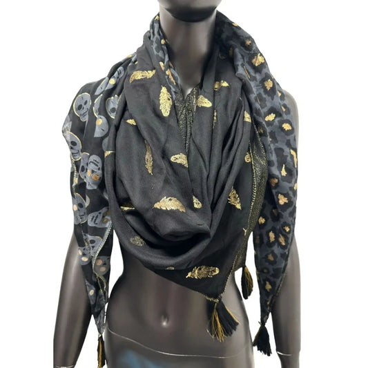 Quadratisches Patchwork-Tuch Totenkopf und Leopard - Grau Schwarz Gold