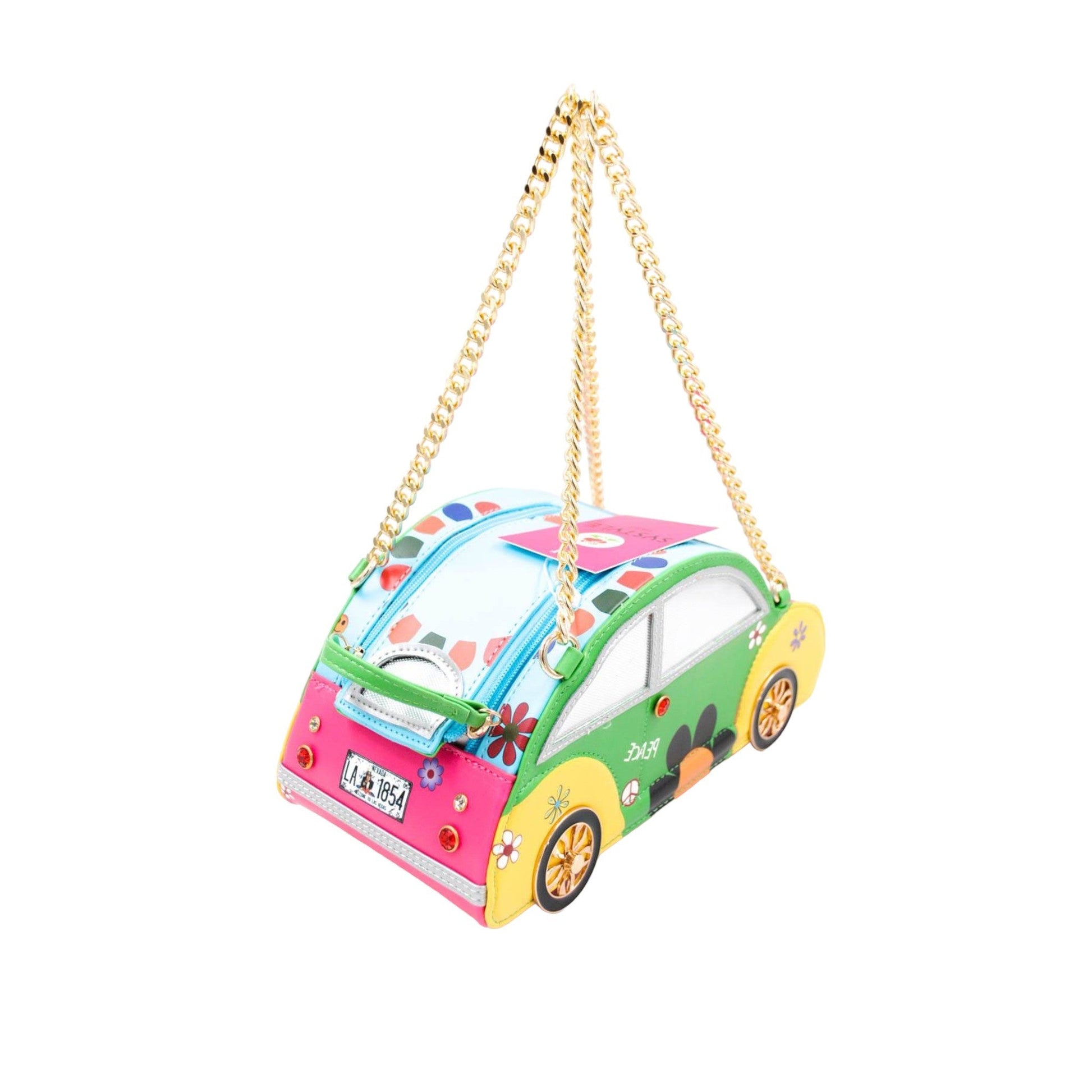 Bunte Auto-Handtasche mit Blumenmuster, goldfarbener Kette und Reißverschluss, mehrfarbiges Design für Kinder