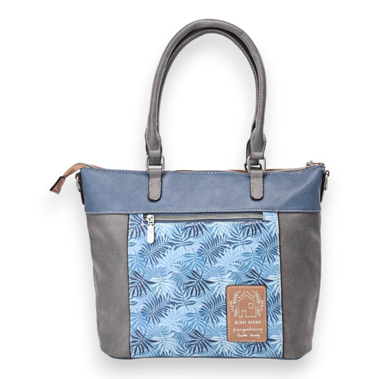 Stilvolle Damenhandtasche in Blau und Grau mit tropischem Blattmuster und Wendy Brown Logo, Reißverschluss-Details