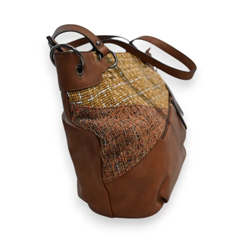 Braune Leder-Handtasche mit Patchwork und Schulterriemen, schicker handwerklicher Stil