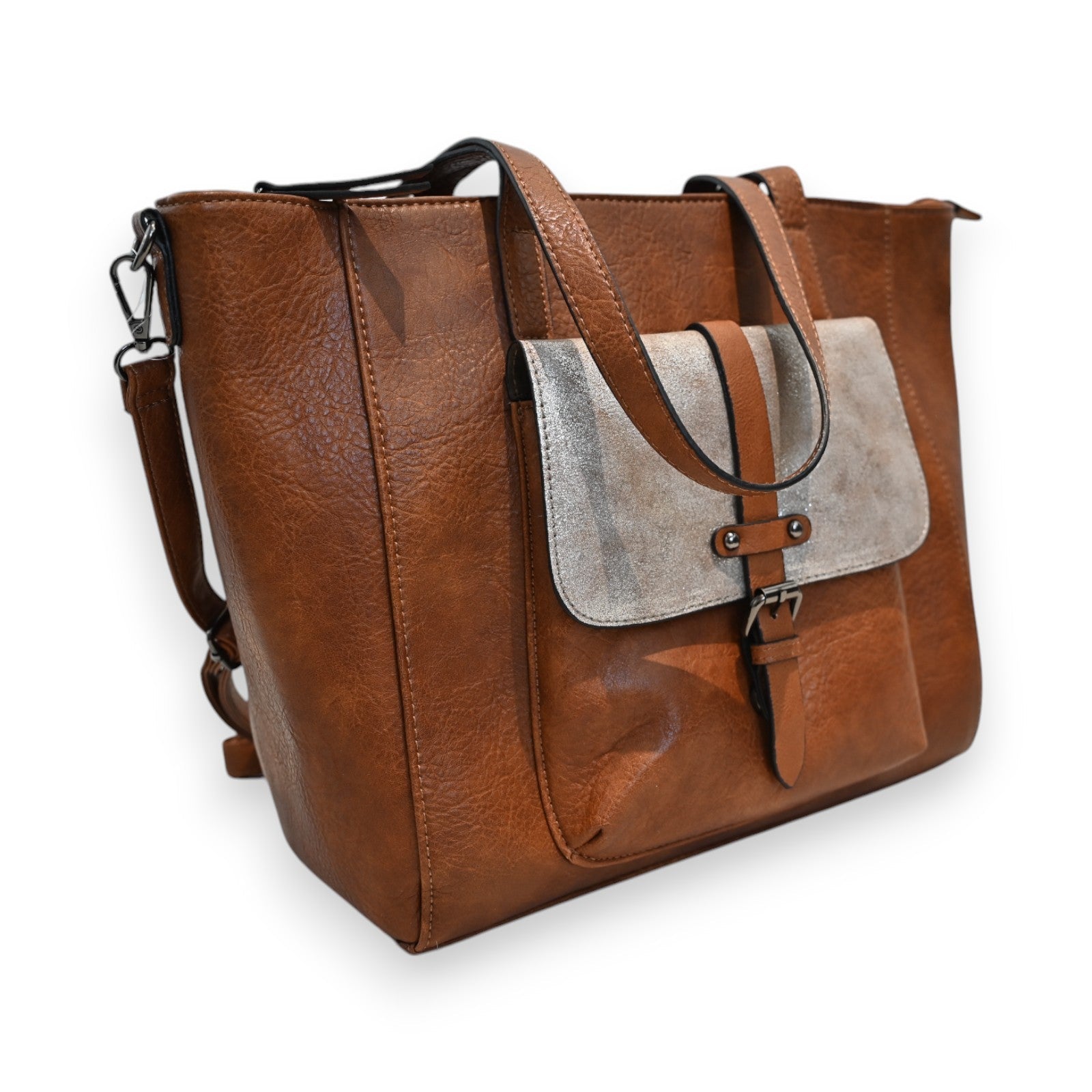Elegante braune Lederhandtasche mit grauem Wildleder-Akzent, verstellbarem Schulterriemen und Schnallenverschluss