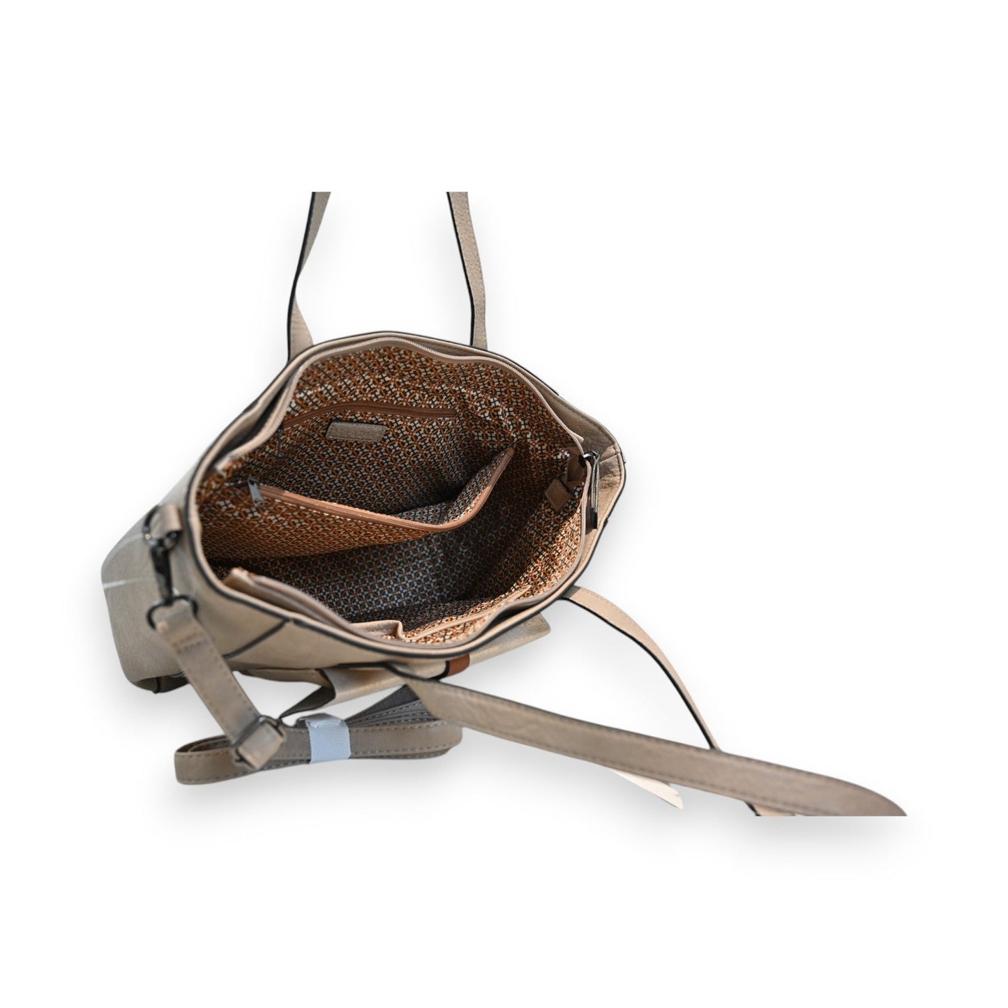 Elegante beige Handtasche mit Schulterriemen, geöffnet zeigt strukturiertes Innenfutter und Innentasche, hochwertige Details