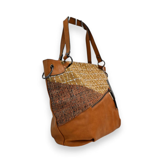 Handtasche Mélanie Paris Patchwork in Senffarben mit Leder und Textil, Reißverschluss und verstellbaren Trageriemen