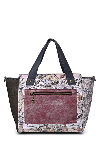 Vintage-Handtasche mit Zeitungsdruck, rotem Leder-Vorderfach, schwarzen Griffen und Seitentaschen mit Blumenmuster