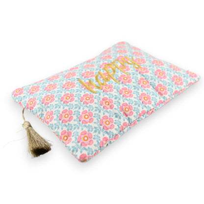 Stofftasche mit Blumenmuster in Rosa und Türkis, goldener 'happy' Aufschrift und Quaste, ideal für Frühling und Sommer