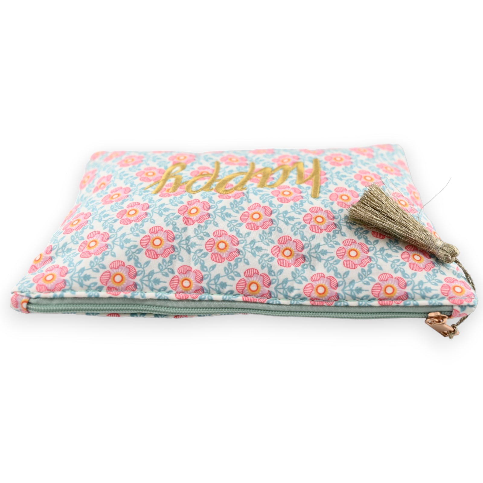 Stofftasche mit Blumenmuster in Rosa und Hellblau, goldener 'happy' Schriftzug, Reißverschluss und Quaste