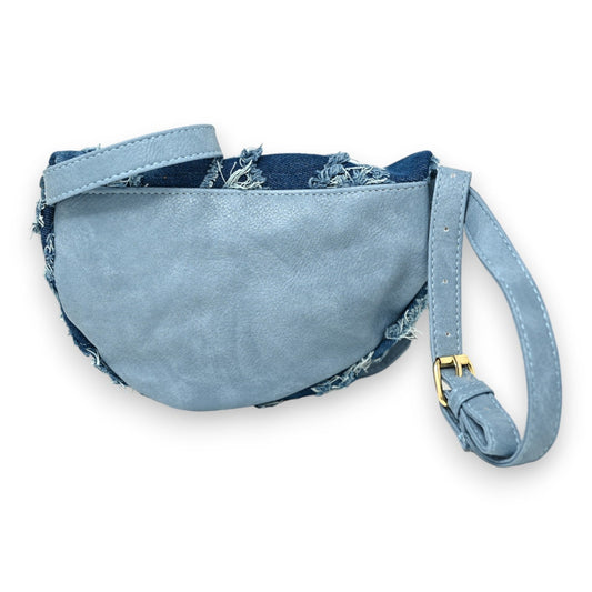 Hellblaue Leder-Bauchtasche mit dunkelblauem Jeans-Akzent, Reißverschluss und verstellbarem Schulterriemen