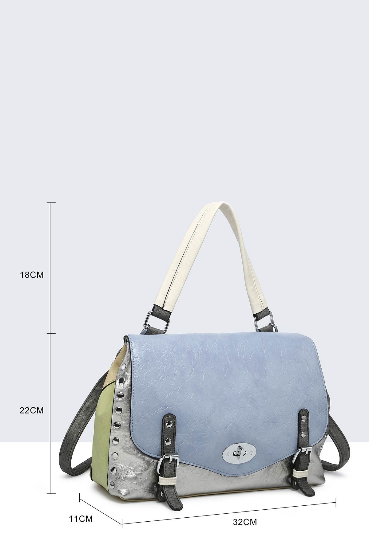 Elegante Damenhandtasche in Pastellblau mit Metallic-Akzenten, Nieten und verstellbarem Schulterriemen, 32x22x11cm