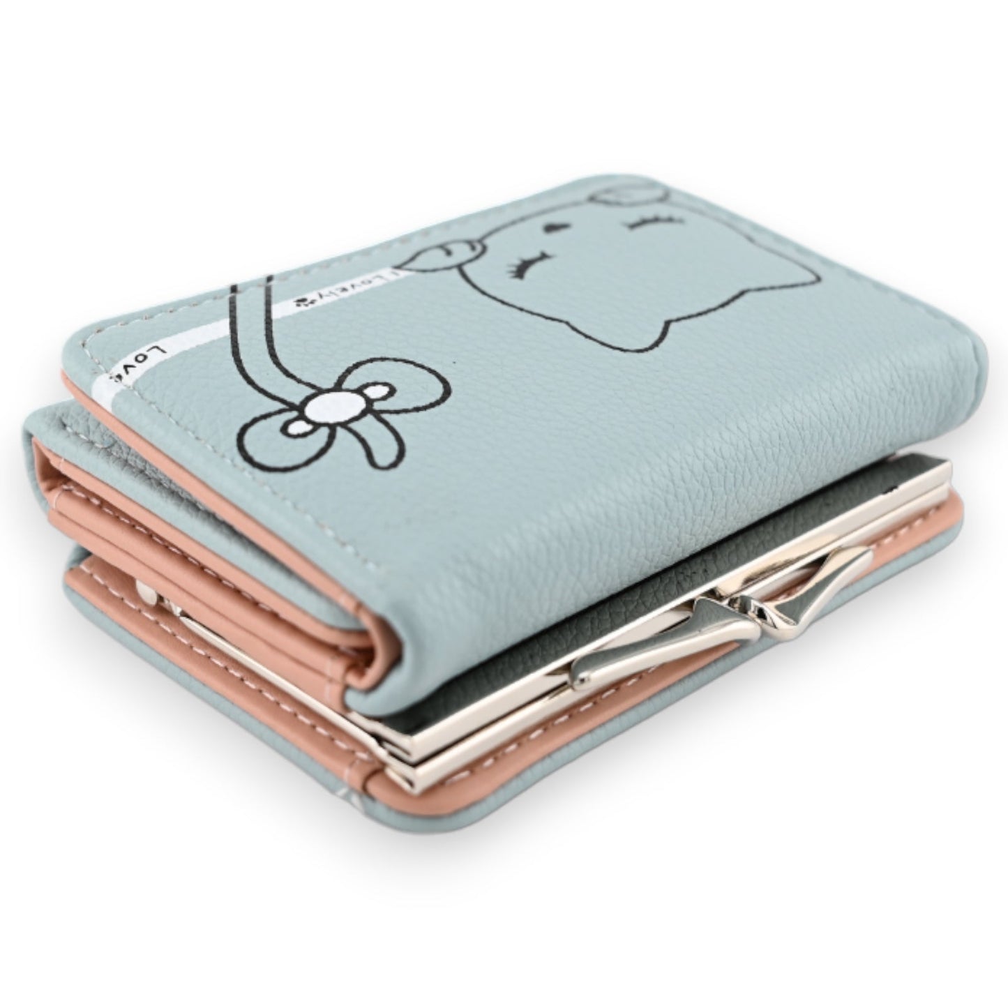 Kompakter hellblauer Geldbeutel mit niedlichem Katzengesicht-Design, Reißverschluss und mehreren Fächern für Karten und Mü...