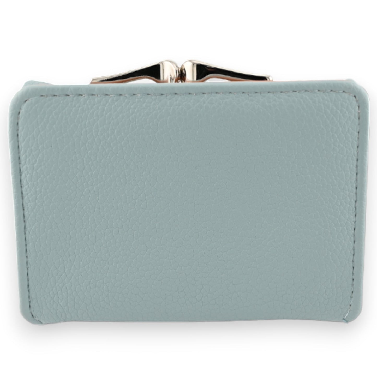 Kompakter hellblauer Ledergeldbeutel mit silbernem Metallverschluss, quadratische Form, strukturierte Oberfläche