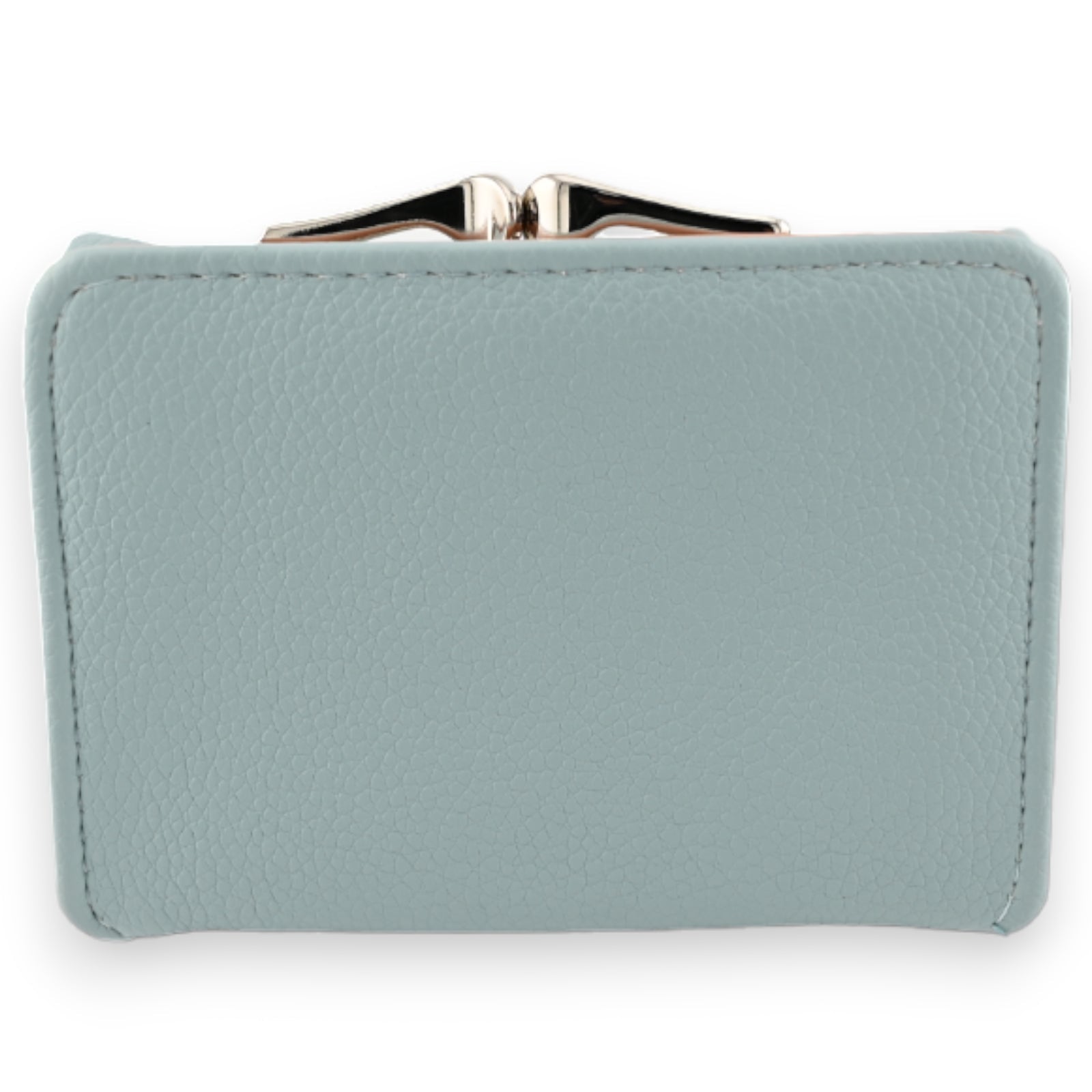 Kompakter hellblauer Ledergeldbeutel mit silbernem Metallverschluss, quadratische Form, strukturierte Oberfläche