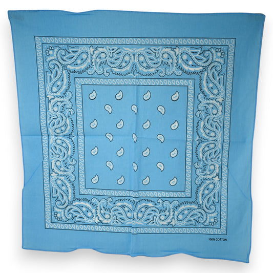 Hellblaues Bandana mit Paisleymuster, quadratisch, 100% Baumwolle, traditionelles Design mit weißen Ornamenten