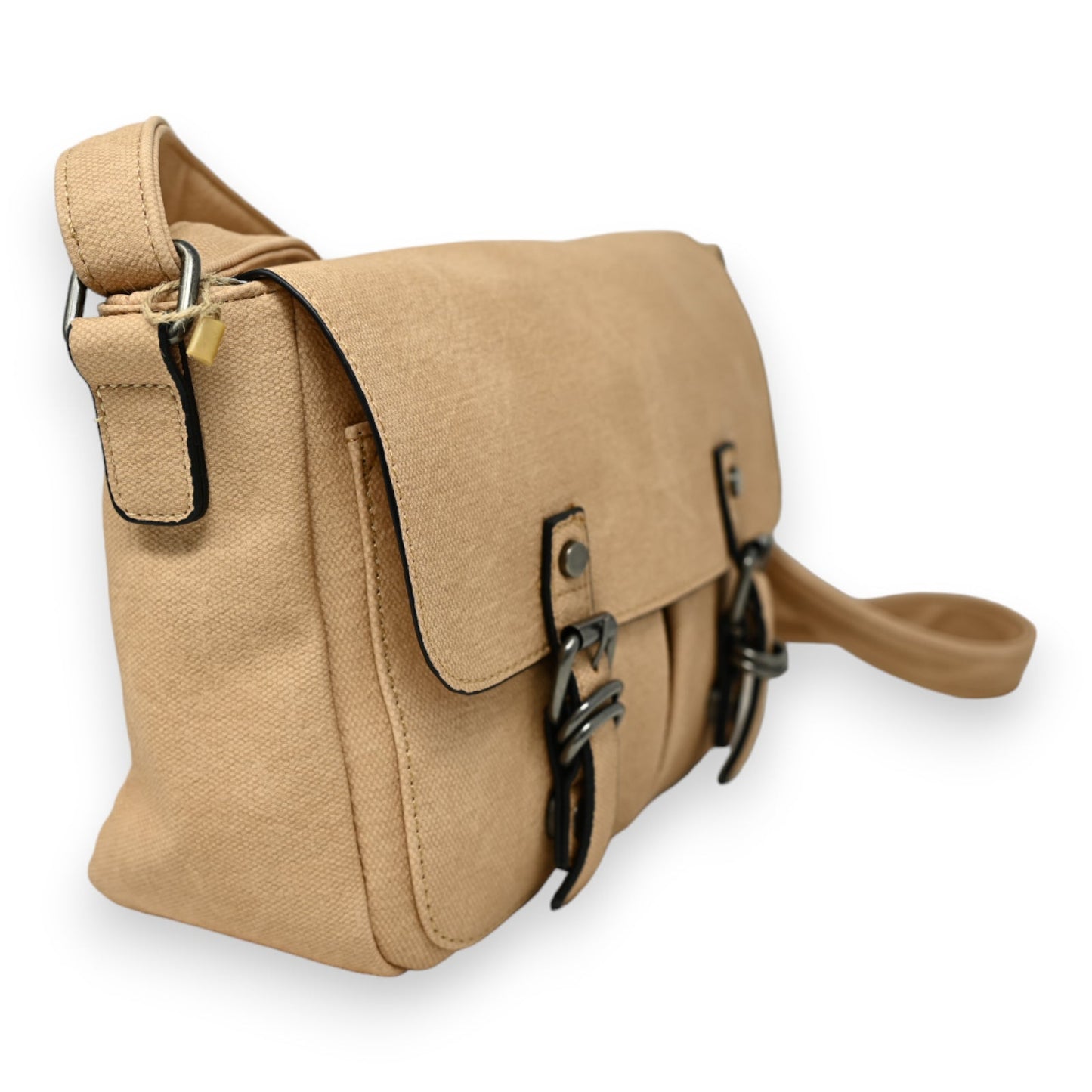 Hellbraune Messenger-Tasche aus Canvas mit Lederverschlüssen, verstellbarem Schulterriemen und Vordertasche