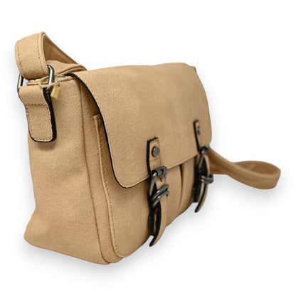 Hellbraune Messenger-Tasche aus Canvas mit Lederverschlüssen, verstellbarem Schulterriemen und Vordertasche