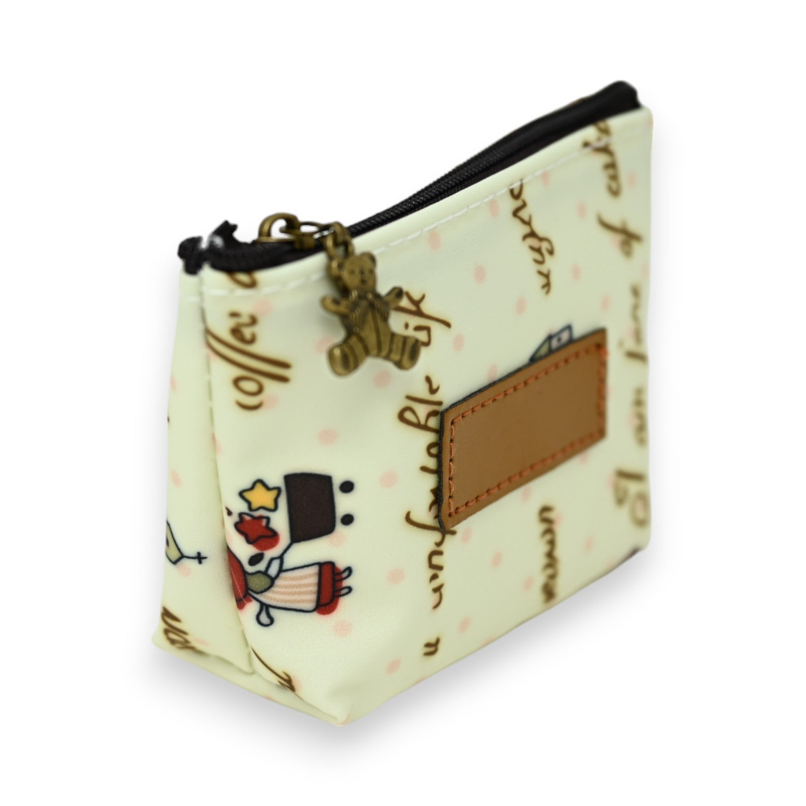 Bedruckte Geldbörse mit Schrift und Cartoon-Figuren, Reißverschluss, Leder-Etikett und Metallanhänger in Tigerform