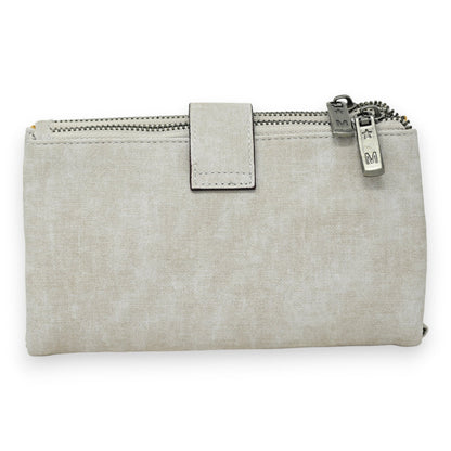 Hellgraue Geldbörse mit Reißverschluss und Schnalle, Markenanhänger mit M-Symbol, elegantes Design für Damen