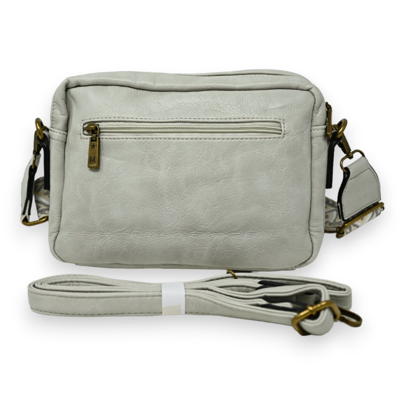 Hellgraue Leder-Umhängetasche mit Reißverschluss, rechteckige Form, zwei Taschen, abnehmbarer Schulterriemen, Messing-Hard...