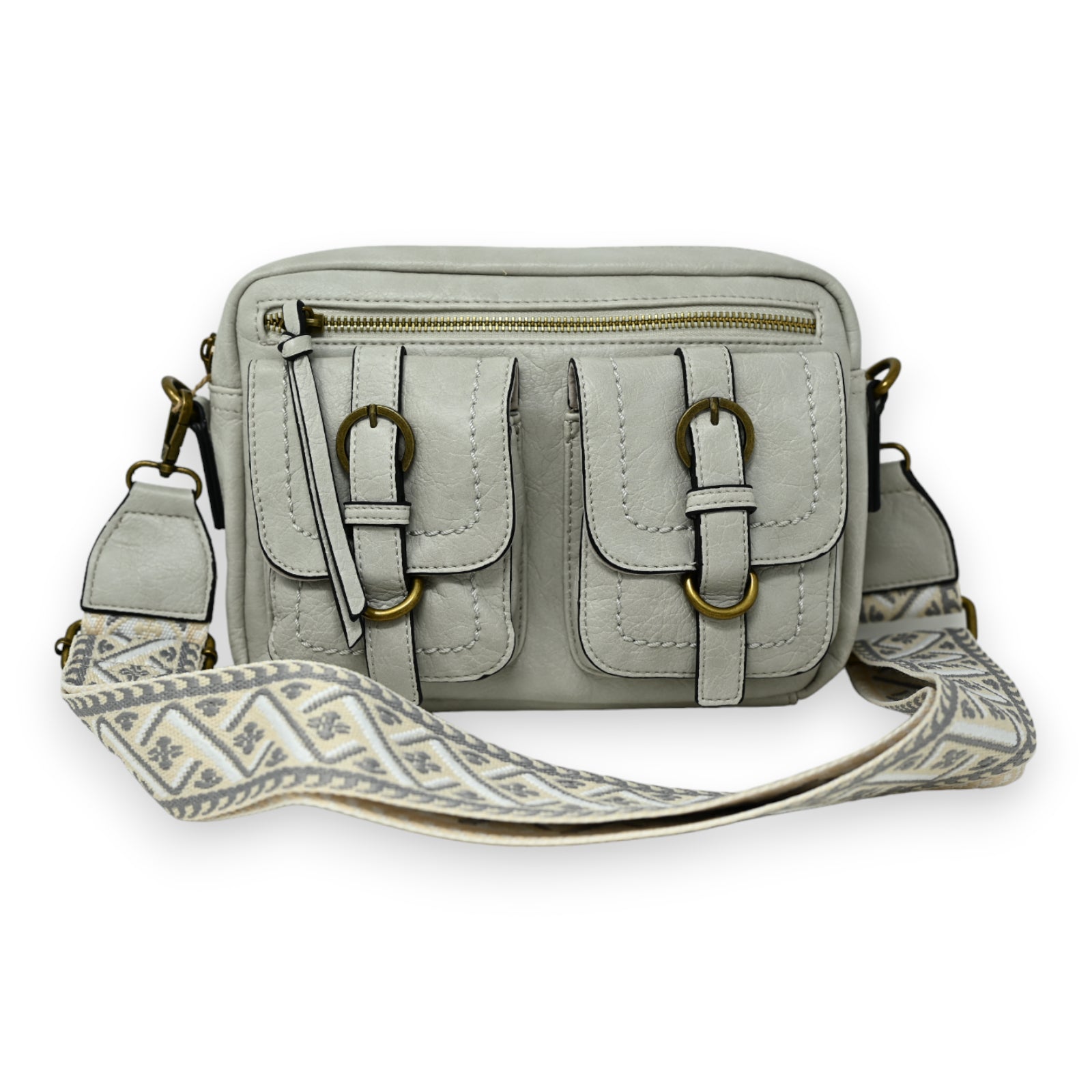 Hellgrauer Umhängetasche in rechteckiger Form mit 2 Relief-Taschen