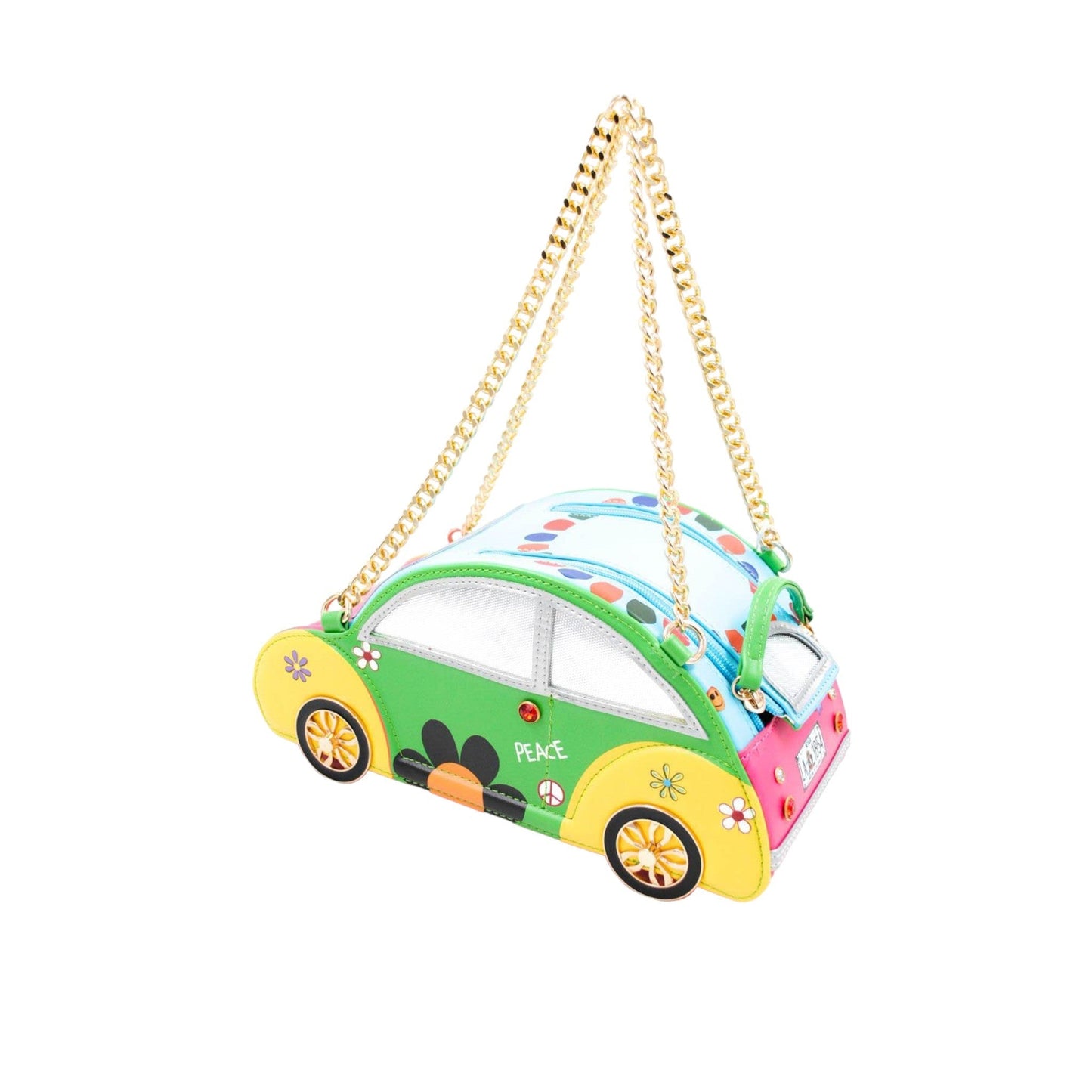 Bunte Auto-Handtasche mit Peace-Zeichen, Blumen und goldfarbener Kette im Hippie-Stil, grün-gelb-rosa