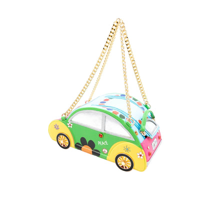 Bunte Auto-Handtasche mit Peace-Zeichen, Blumen und goldfarbener Kette im Hippie-Stil, grün-gelb-rosa