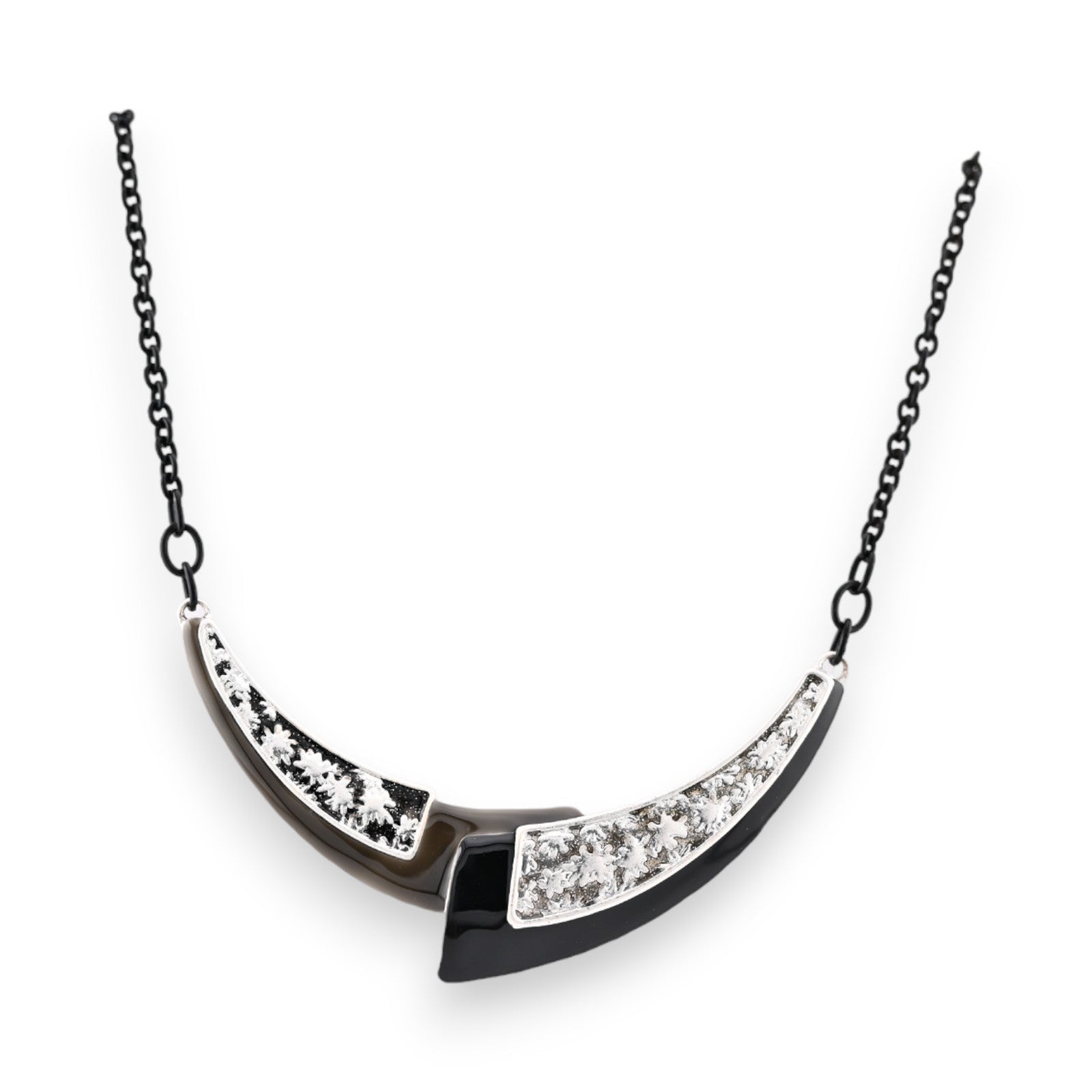 Elegante Choker-Halskette mit schwarzer Metallkette und halbmondförmigem Anhänger mit silbernen Glitzerelementen