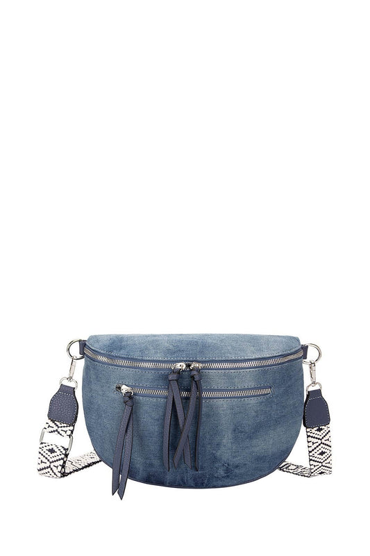 Blaue Jeans Gürteltasche mit Reißverschlüssen, Quasten und gewebtem Schulterriemen von David Jones