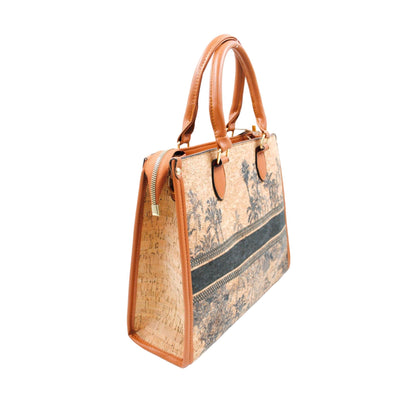Elegante Handtasche aus Kork und Leder mit blauem Toile de Jouy-Muster, Reißverschluss und braunen Henkeln