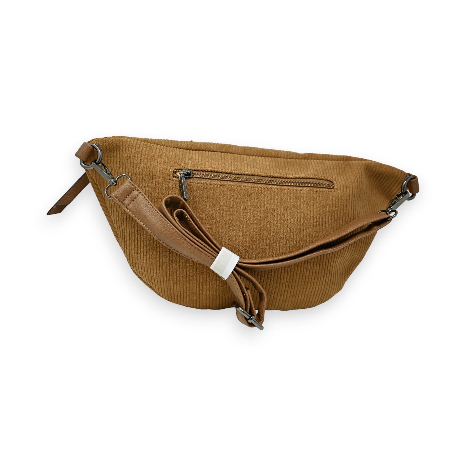 Kamelbraune Samt-Gürteltasche mit Reißverschluss, verstellbarem Riemen und Metalldetails auf weißem Hintergrund