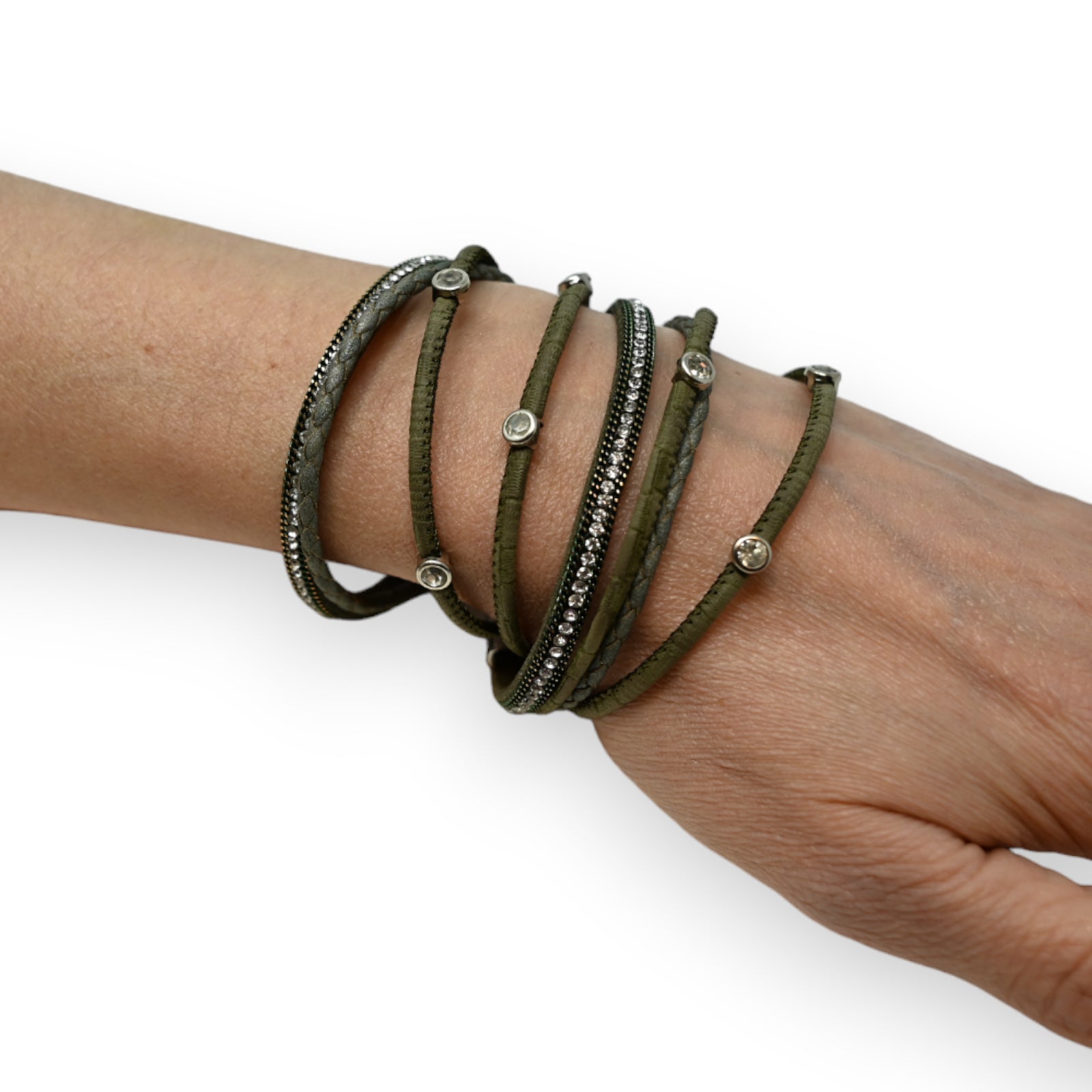 Doppelarmband Khaki mit Nieten und Strass