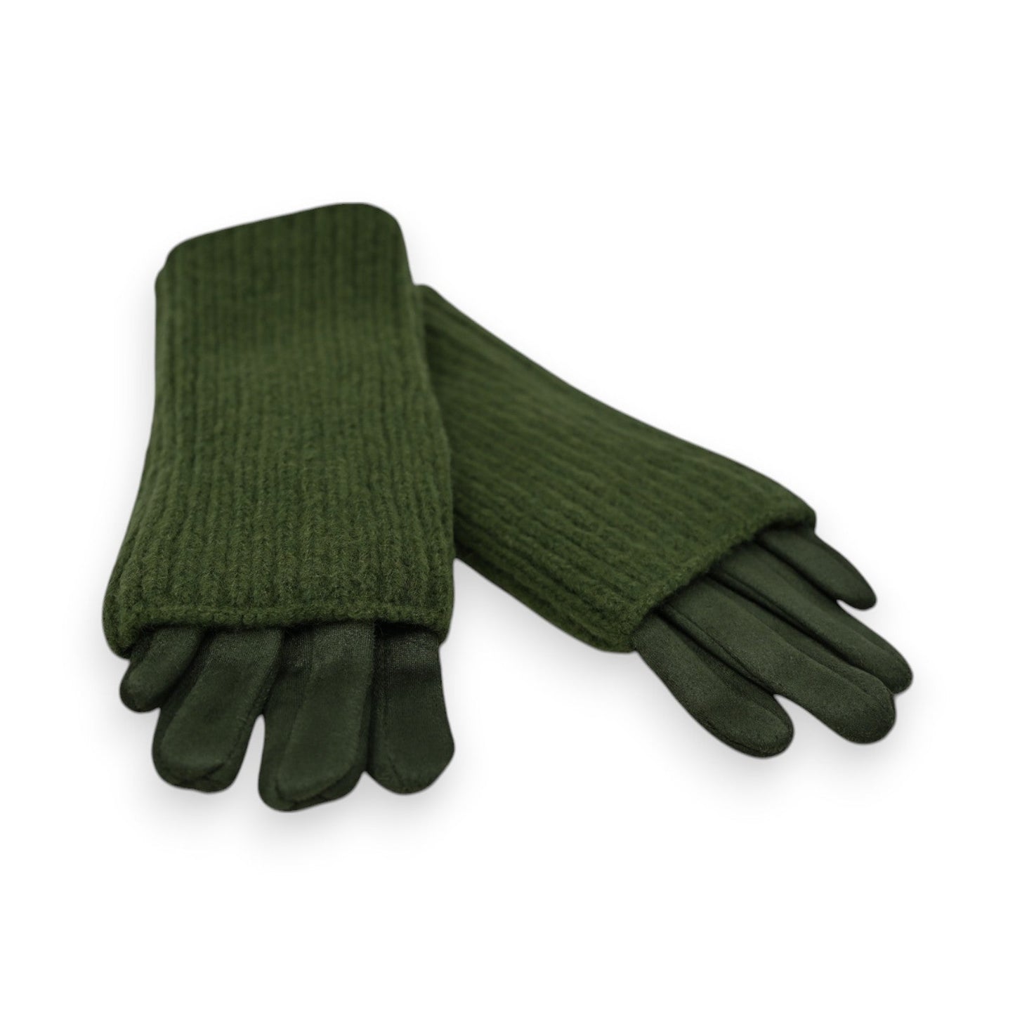 Fingerlose 2-in-1-Handschuhe in Khaki, mit gestrickten Ärmeln und Wildlederimitat-Handflächen, warm und stilvoll
