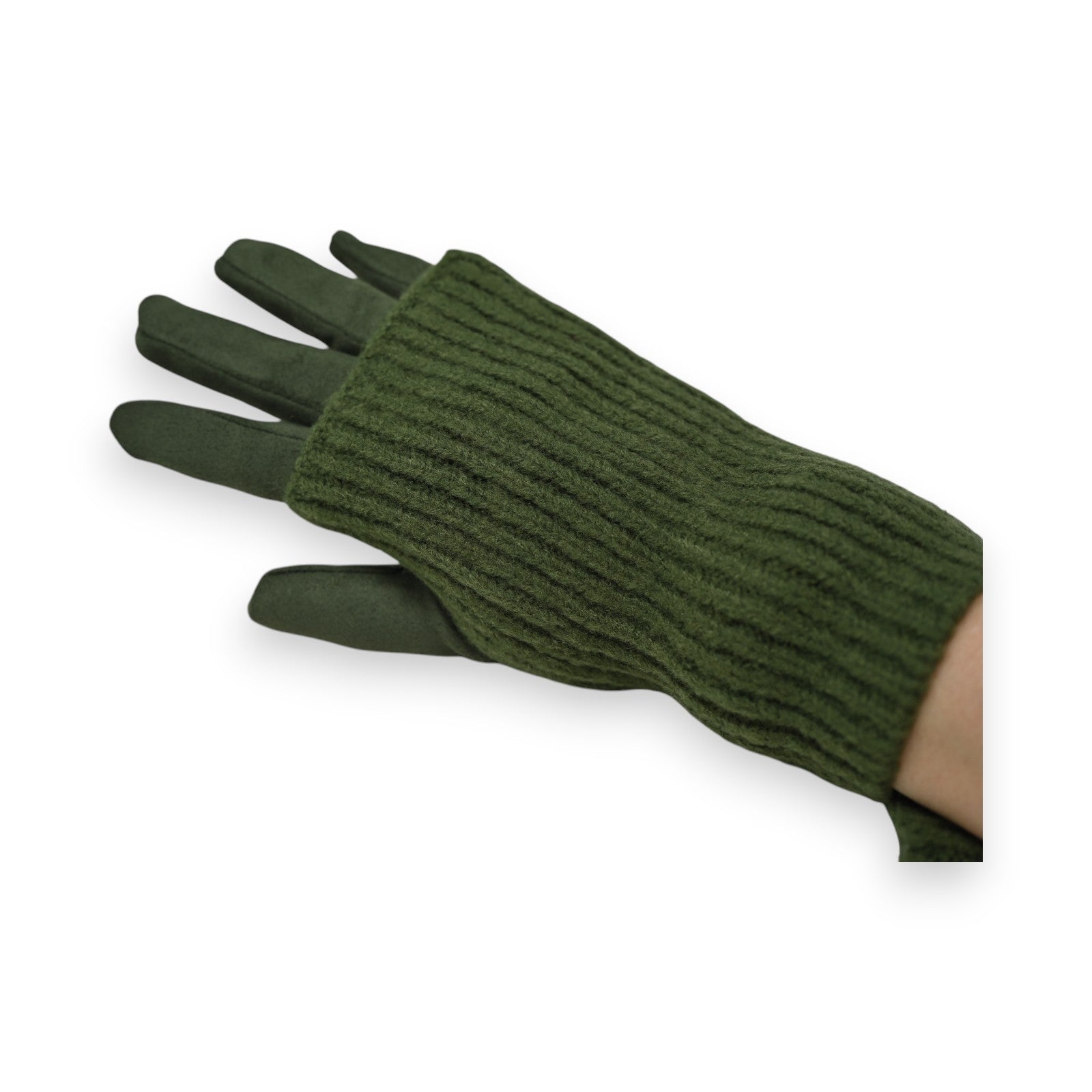 Fingerlose 2-in-1-Handschuhe in Khaki mit Wildlederimitat-Handfläche und gestrickter Rückseite, praktisch und stylisch