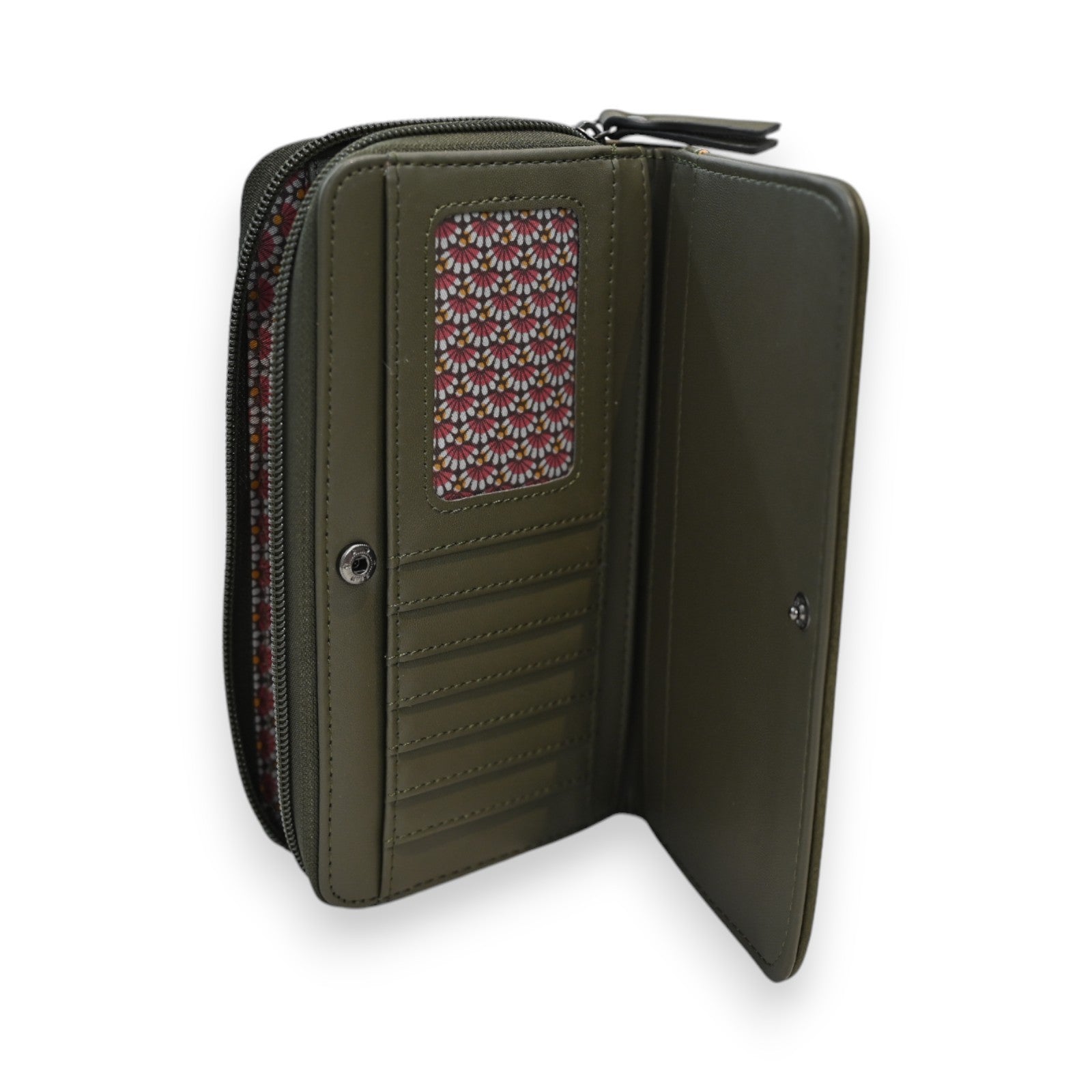 Khaki Geldbörse mit Reißverschluss, Kartenfächern und dekorativem Muster. Elegantes Design von Mélanie Paris.